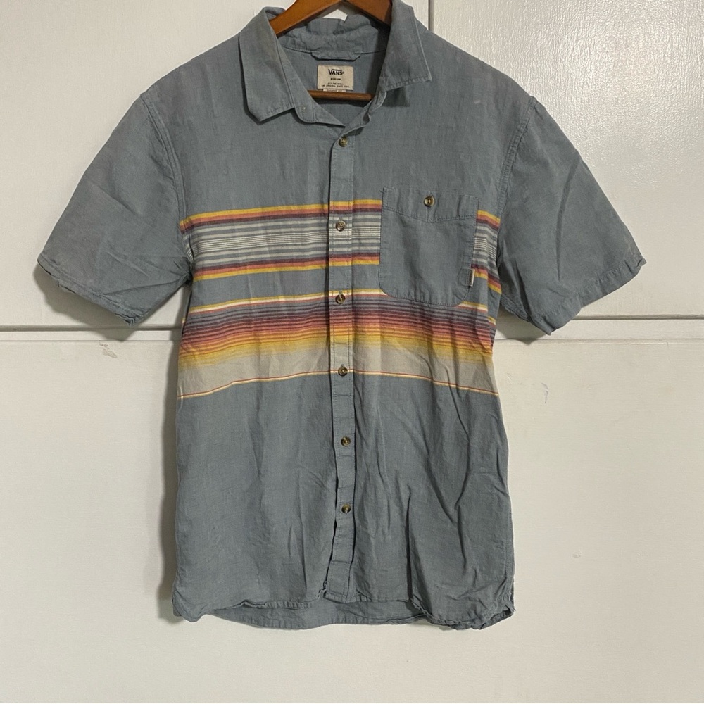 Vans Chambray Blue Casual Button Down Shirt Yellow Orange Stripes Short Sleeve M